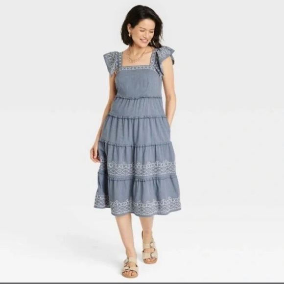 Knox Rose Steel Shore tiered flutter sleeve maxi dress. Sz M coastal cottagecore - Picture 8 of 8